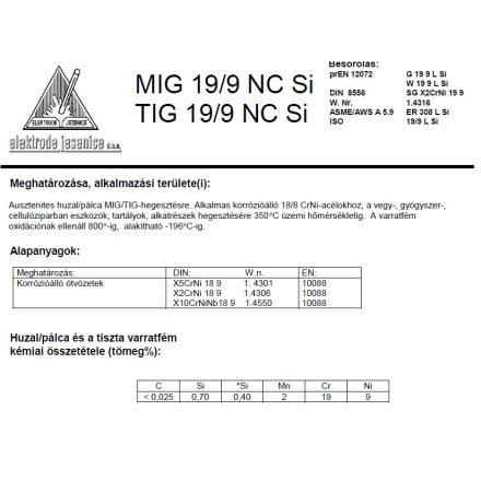 Hegesztő huzal MIG 19/9 NC SI 1.0/5kg