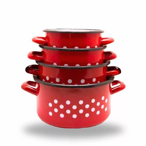 Edény készlet 14–20 cm, zománcozott, piros pöttyös – 4 db-os  17/14-20