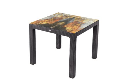 Rattan Asztal barna színben Színesüveggel 90X90Cm 