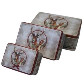   Rénszarvasos karácsonyi fémdoboz  szögletes  L méret  25,6 × 18 × 9,4 cm