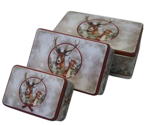 Rénszarvasos karácsonyi fémdoboz  szögletes  L méret  25,6 × 18 × 9,4 cm