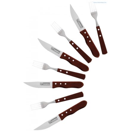 8 részes Jumbo steak kés és villa szett, rozsdamentes acél, fa markolattal