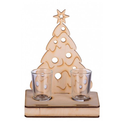 Fa italszett  fenyőfa díszállvánnyal, 2 db röviditalos pohárral