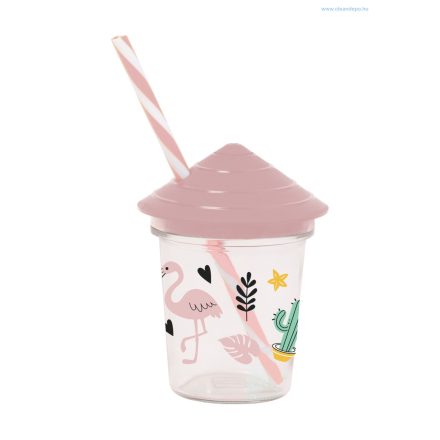 Flamingós üveg pohár  üdítős+szívószál 320ml 