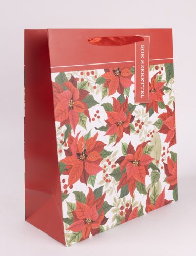 Ajándéktasak piros mikulásvirág mintával 18x23 cm  370409